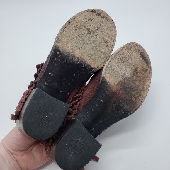 FREEBIRD women US 8 burgundy mules braid fringe suede stacked block heel leather - Picture 3 of 13